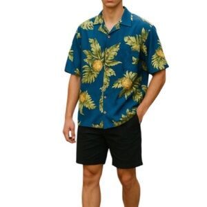 JAMAICA JAXX Men’s Silk Camp Collar Hawaiian Fern Pineapple Print Shirt Blue L